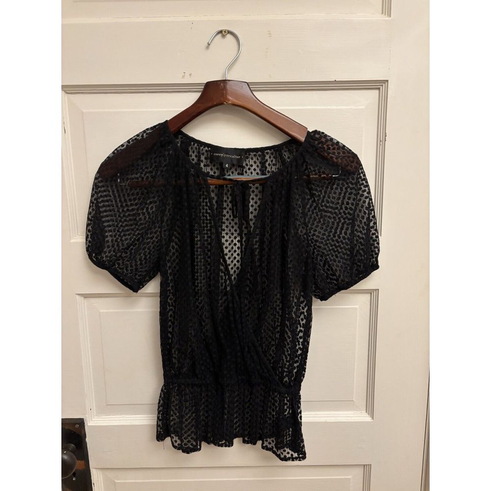 Corey Lynn Calter Black Sheer Dot Top Peplum Tie Front Size 4